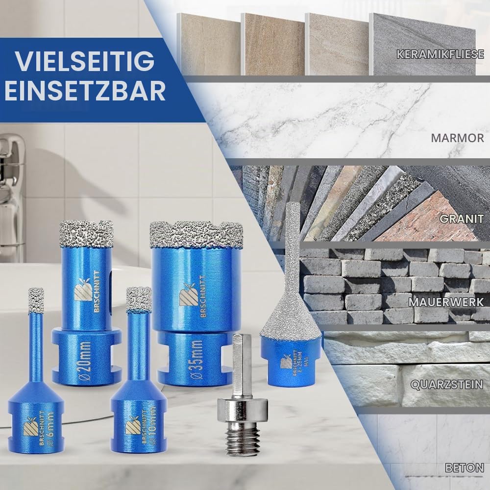 Diamantbohrer Fliesenbohrer Set - 6/10/20/35mm Diamantbohrer &amp;6-25mm Fingerfräser ein Adapter für Po