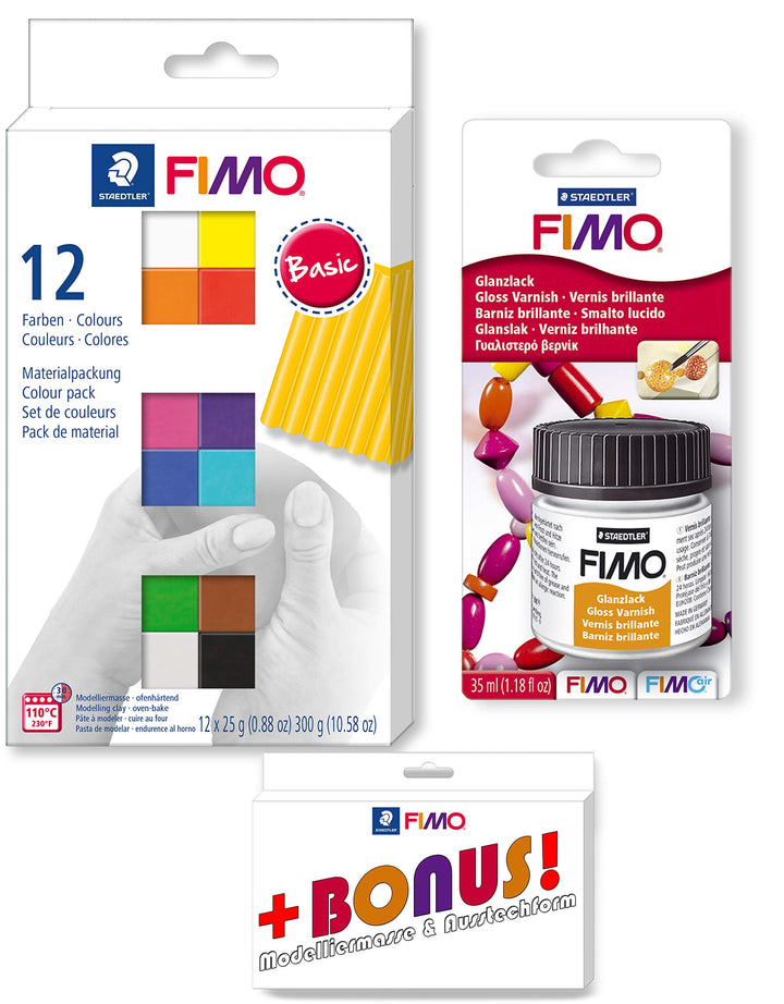 STAEDTLER FIMO 12er Materialpackung + Glanzlack Set inkl. Bonus 1 12er + Glanzlack Set, 1 12er + Gla