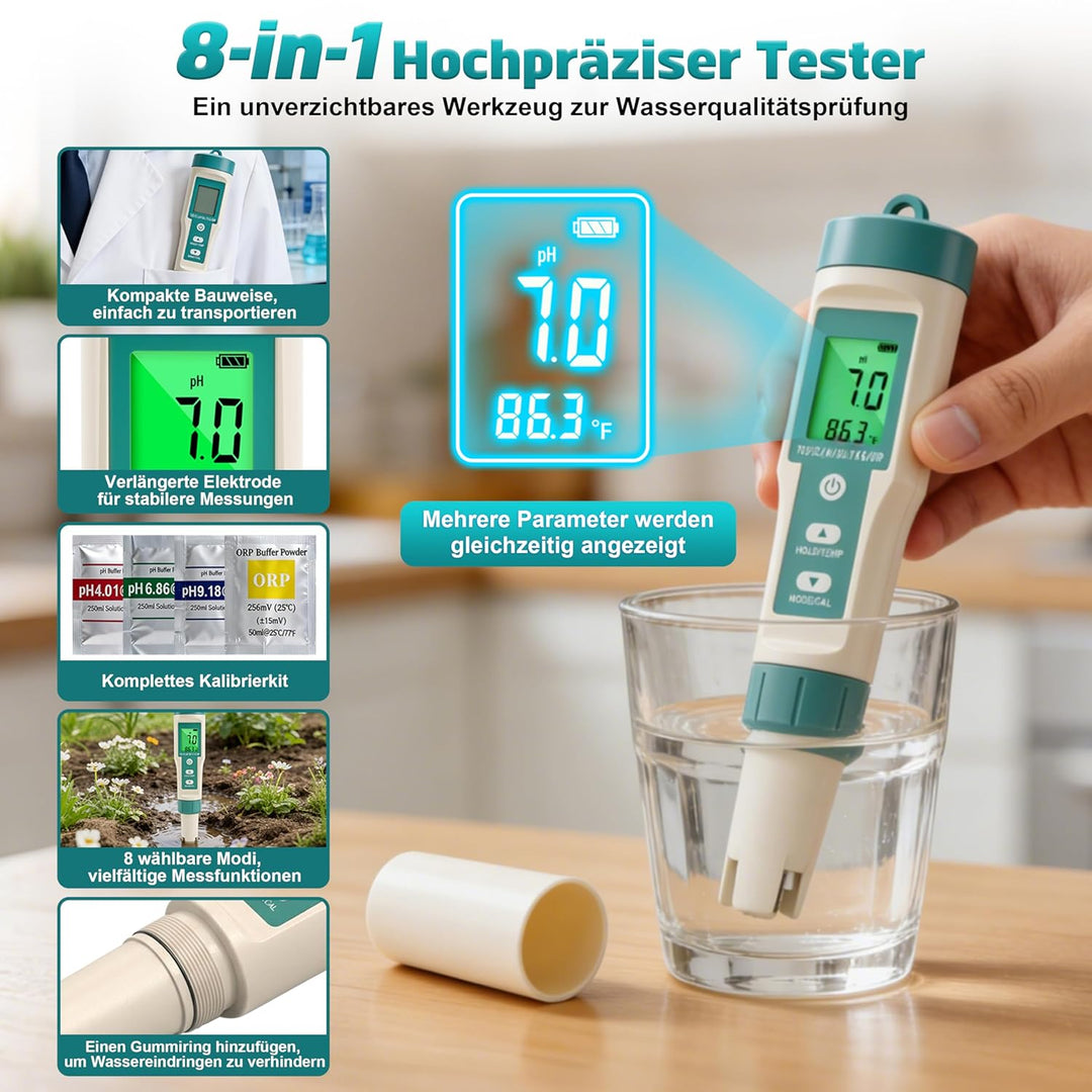 8 in 1 PH Messgerät Wasser, pH Wert Messgerät, misst pH ORP Salzgehalt TDS EC Temperatur, Digitaler