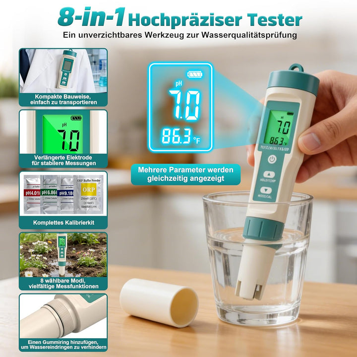 8 in 1 PH Messgerät Wasser, pH Wert Messgerät, misst pH ORP Salzgehalt TDS EC Temperatur, Digitaler