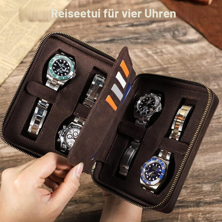 Hiram Multifunktionales Uhrenetui für 4 Uhren, tragbar, echtes Leder, Uhren-Organizer-Box für Damen