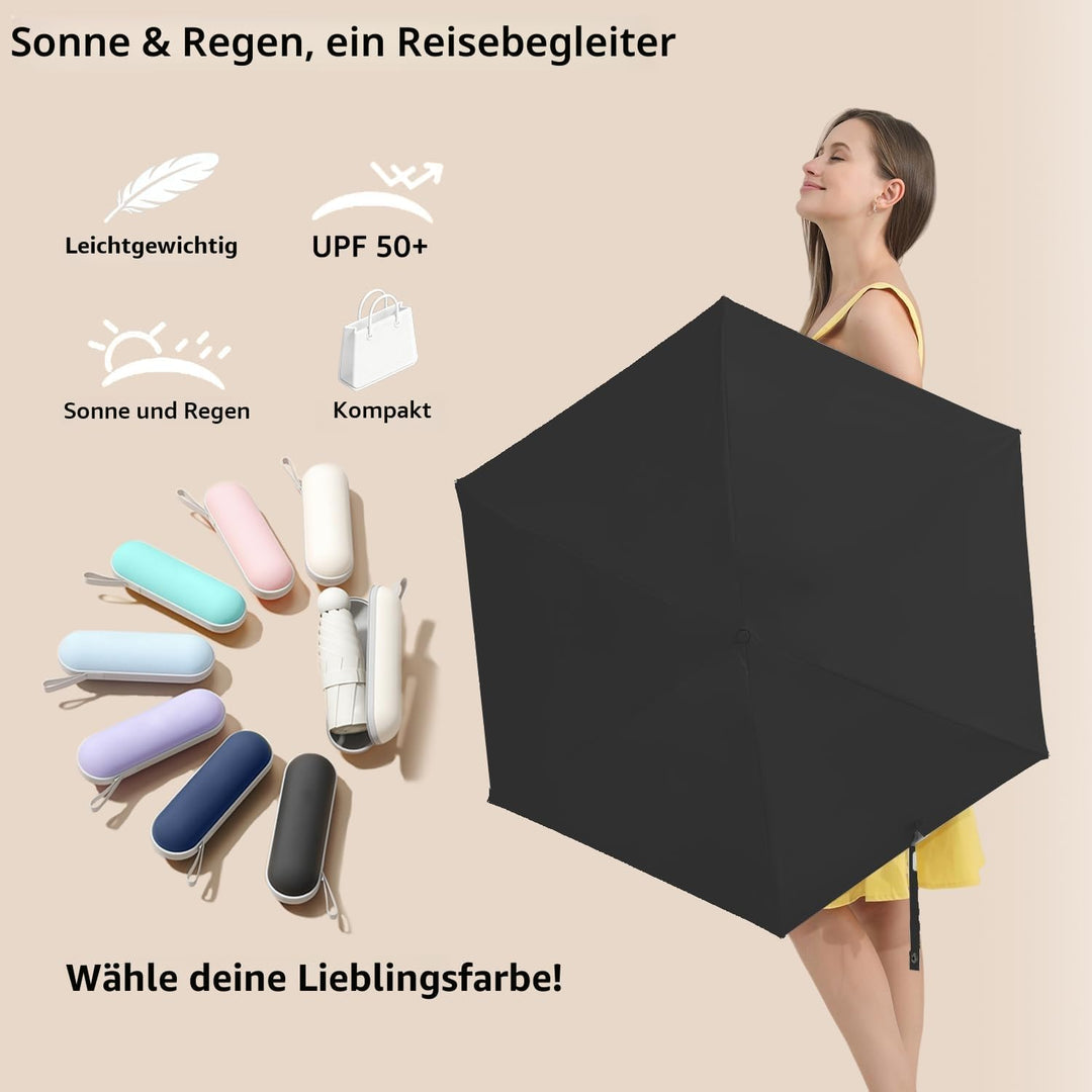 BAODINI Reise-Mini-Regenschirm für Geldbörse mit Etui – kleiner kompakter UV-Regenschirm, Sonnenschu