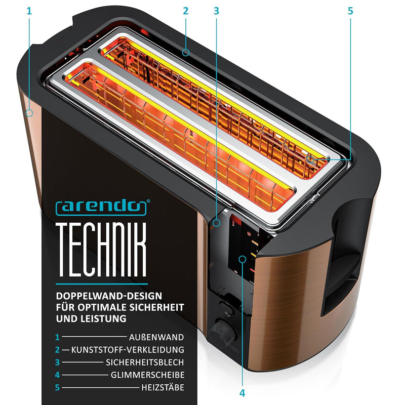 Arendo - Edelstahl Toaster Langschlitz 4 Scheiben - Defrost Funktion - wärmeisolierendes Gehäuse - m