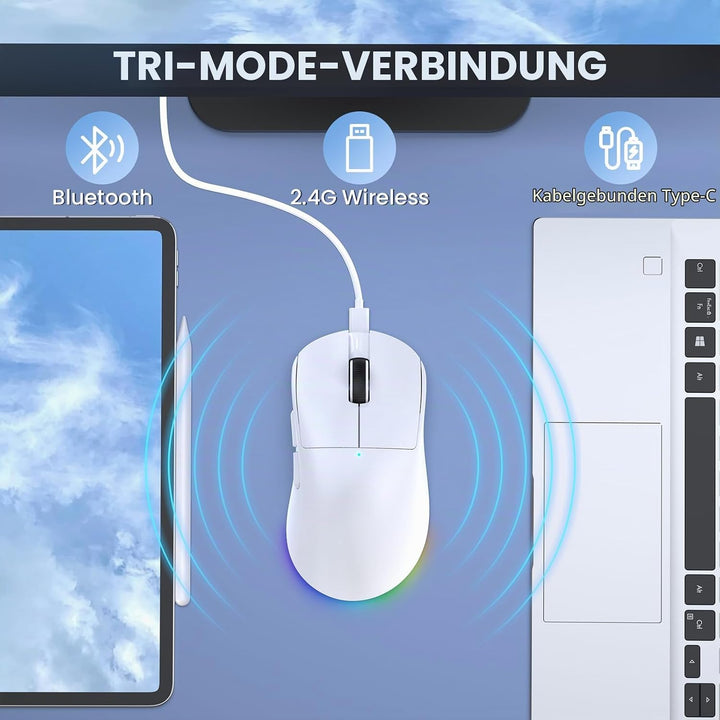 A.JAZZ NJ08 Tri-Mode Kabellose Gaming Maus, 1000Hz 70g Leicht, PC Mouse Mittel-Gross Ergonomisch, 12