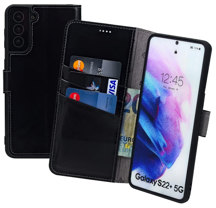 Suncase Book-Style Hülle kompatibel mit Samsung Galaxy S22 Plus 5G Leder Tasche (Slim-Fit) Lederhüll