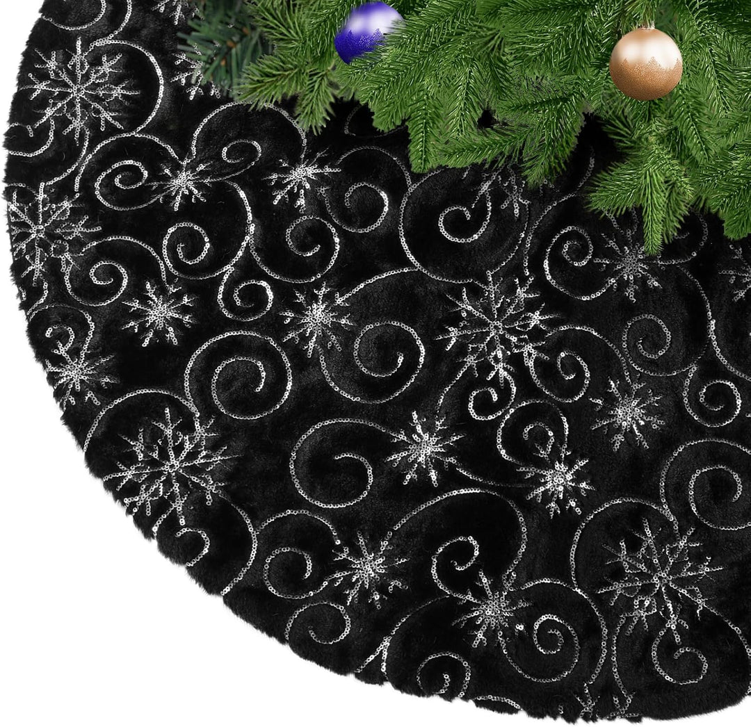 KONVINIT Weihnachtsbaumdecke Rund Schwarz Weihnachtsbaumteppich mit Schneeflocke Weihnachtsbaum Rock