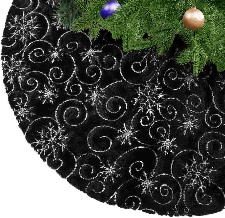 KONVINIT Weihnachtsbaumdecke Rund Schwarz Weihnachtsbaumteppich mit Schneeflocke Weihnachtsbaum Rock
