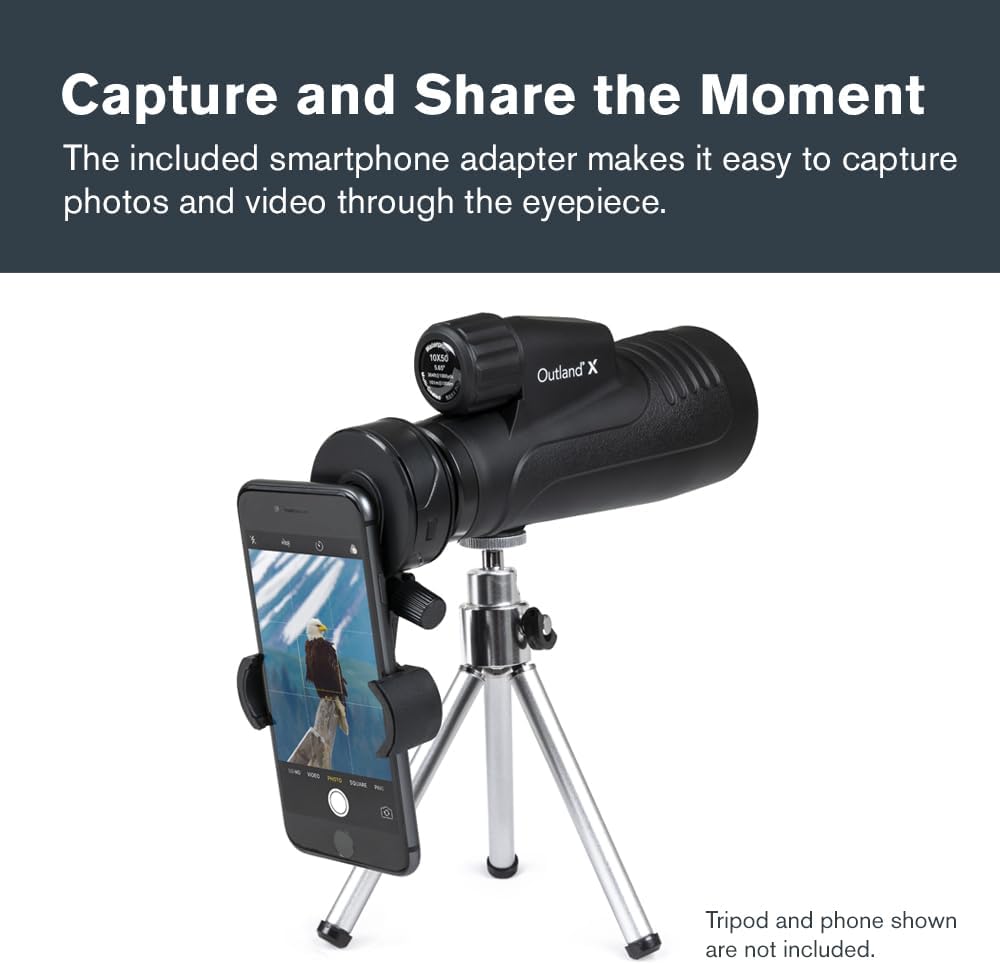 Celestron 72370 Outland X 10x50 Waterproof Monocular with Smartphone Adapter, Bluetooth Remote, Eyep