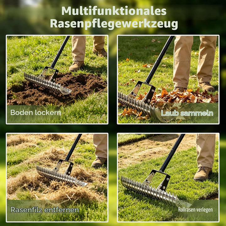 Vertikutierrechen für Rasen mit 38 cm Arbeitsbreite, winkelverstellbarer Rechenkopf und höhenverstel