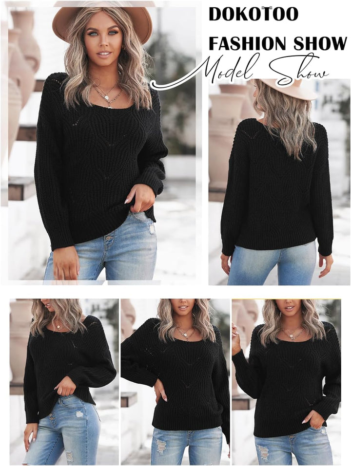 Dokotoo Damen Strickpullover Elegant Rundhals Pullover Herbst Winter Einfarbiger Pulli Oberteil Swea