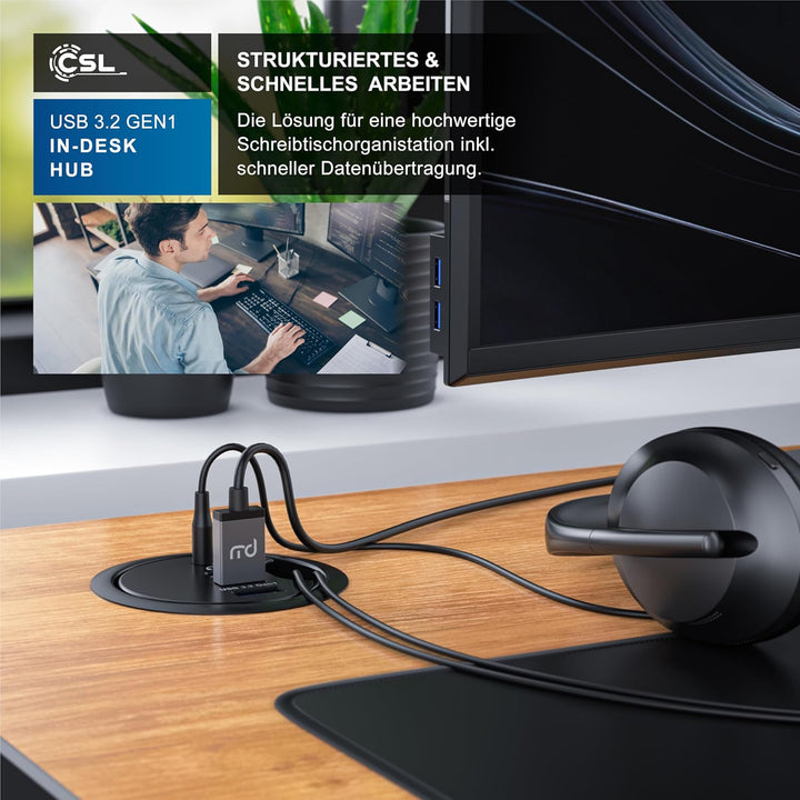 CSL - USB 3.2 In-Desk USB Hub - Tisch Kabeldurchführung - Tischkabeldose - 2 x USB 3.2 – 1 x USB C 3