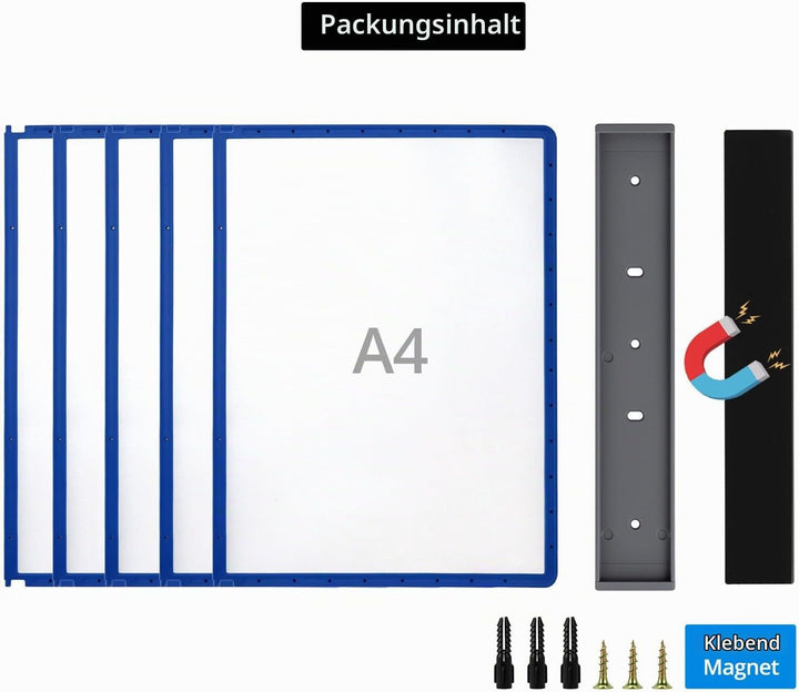 QWORK® Magnetischer Wand Sichttafelsystem mit 5 Sichttafeln A4 in Blau für Messehallen, Restaurants,