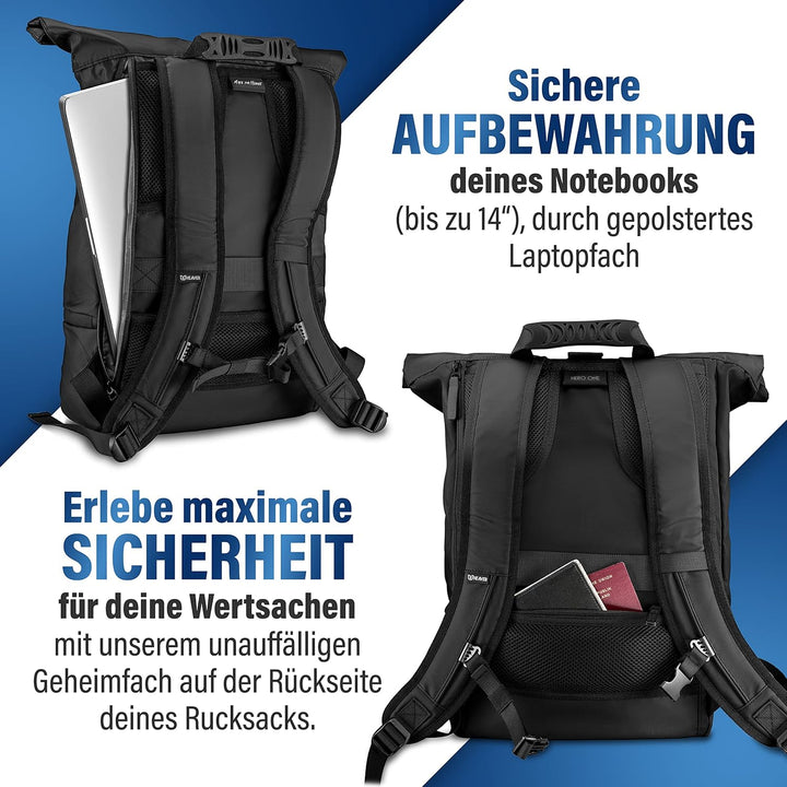 HEAVER® Rucksack Rolltop schwarz mit Schuh- und Laptopfach, für Damen und Herren, Flexibles Volumen