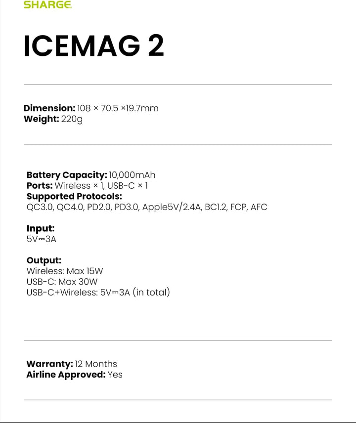 sharge ICEMAG 2 MagSafe Powerbank 10000mAh, Qi2 15W Magnetisches Tragbares Ladegerät mit Aktiver Küh
