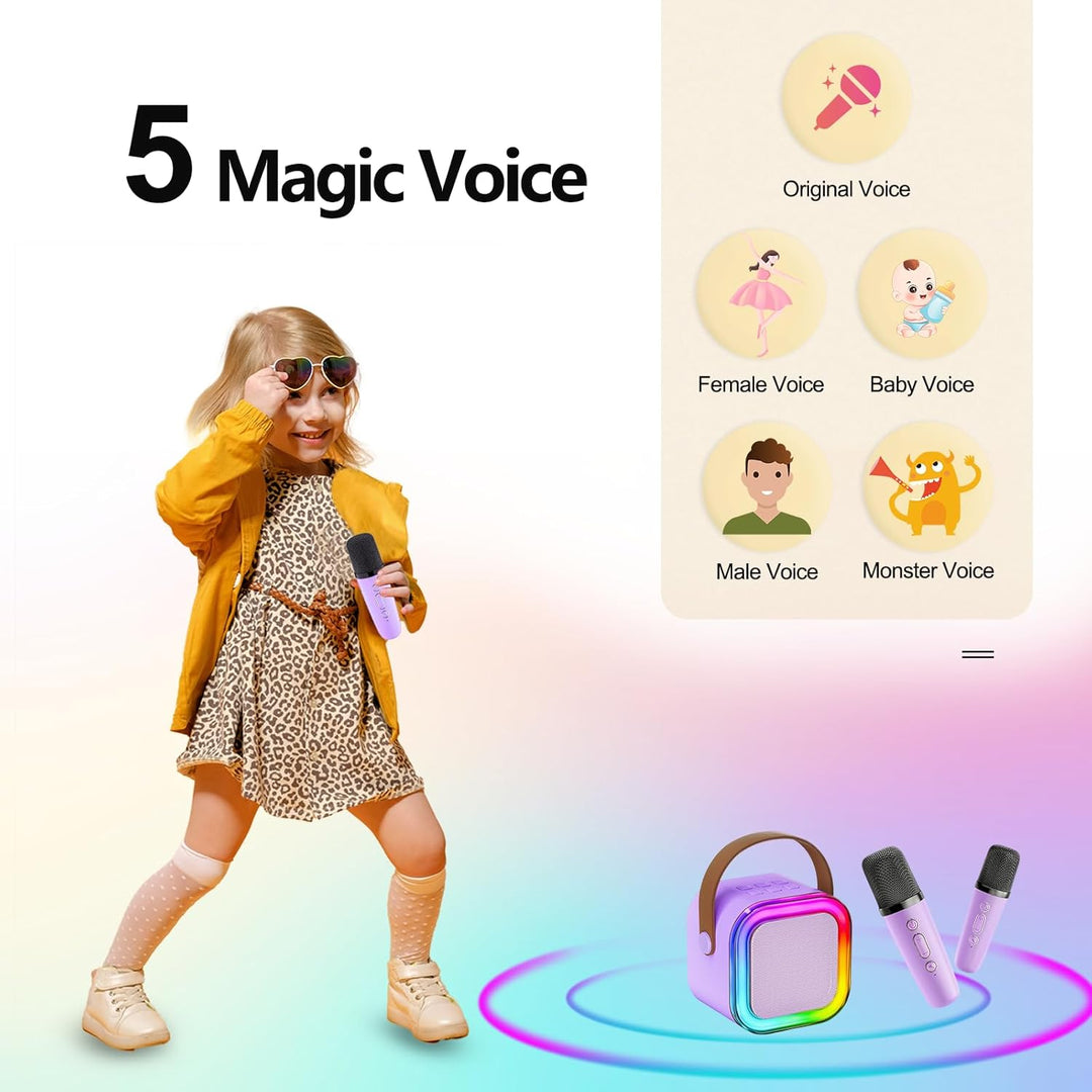 Karaoke Maschine Kinder, tragbarer Bluetooth-Lautsprecher mit LED und 2 drahtlosen Mikrofonen, kompa