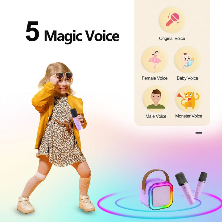 Karaoke Maschine Kinder, tragbarer Bluetooth-Lautsprecher mit LED und 2 drahtlosen Mikrofonen, kompa
