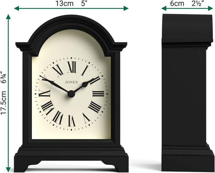 JONES CLOCKS® Kaminuhr 'Bistro' – klassisches Bogendesign in Schwarz, zeitgenössischer klassischer S
