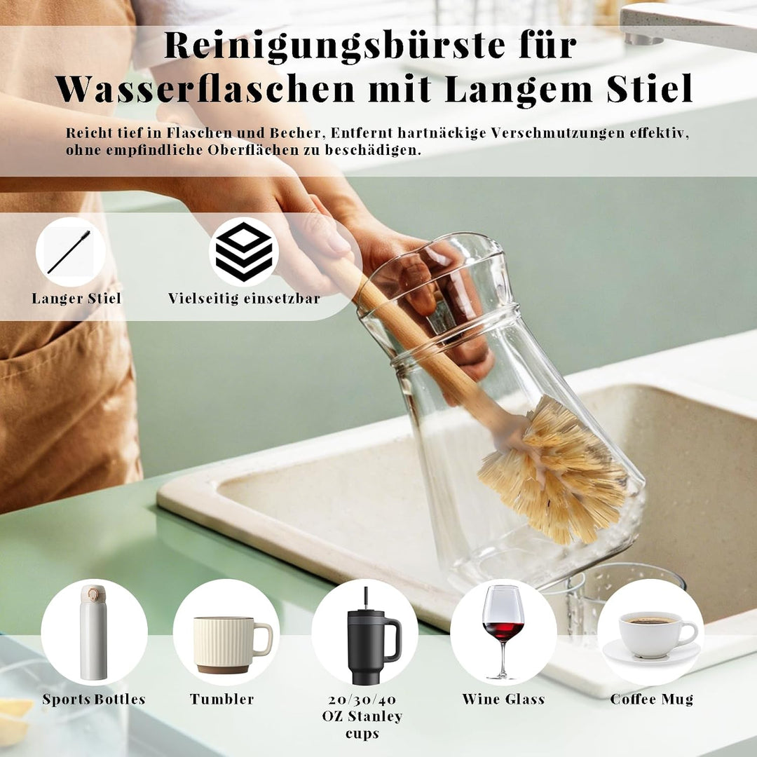 5 Stück Bambus Spülbürsten-mit Spülbürste Holz, 14’’ Flaschenbürste, Ersatzköpfen, Abwaschbürste*2 -