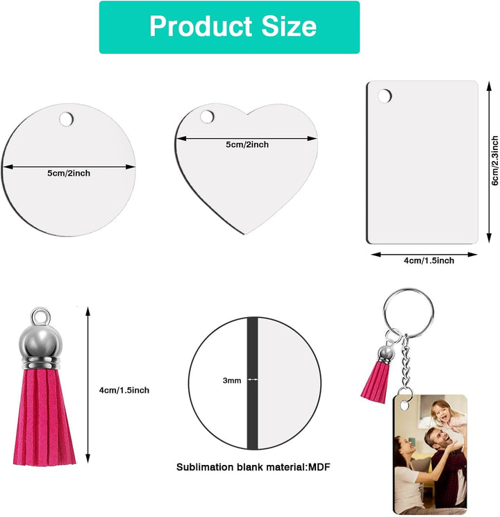 120 Stück Sublimation Schlüsselanhänger Rohlinge Set mit Wärmeübertragungs MDF Blanko 3 Formen, Quas