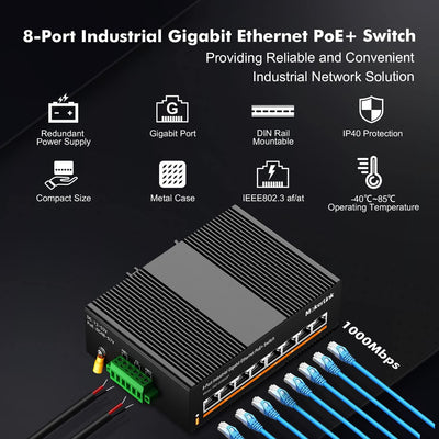 MokerLink 8 Ports Gigabit PoE Switch Industrial Ethernet auf DIN-Schiene, Stromversorgung PoE+ 96W,