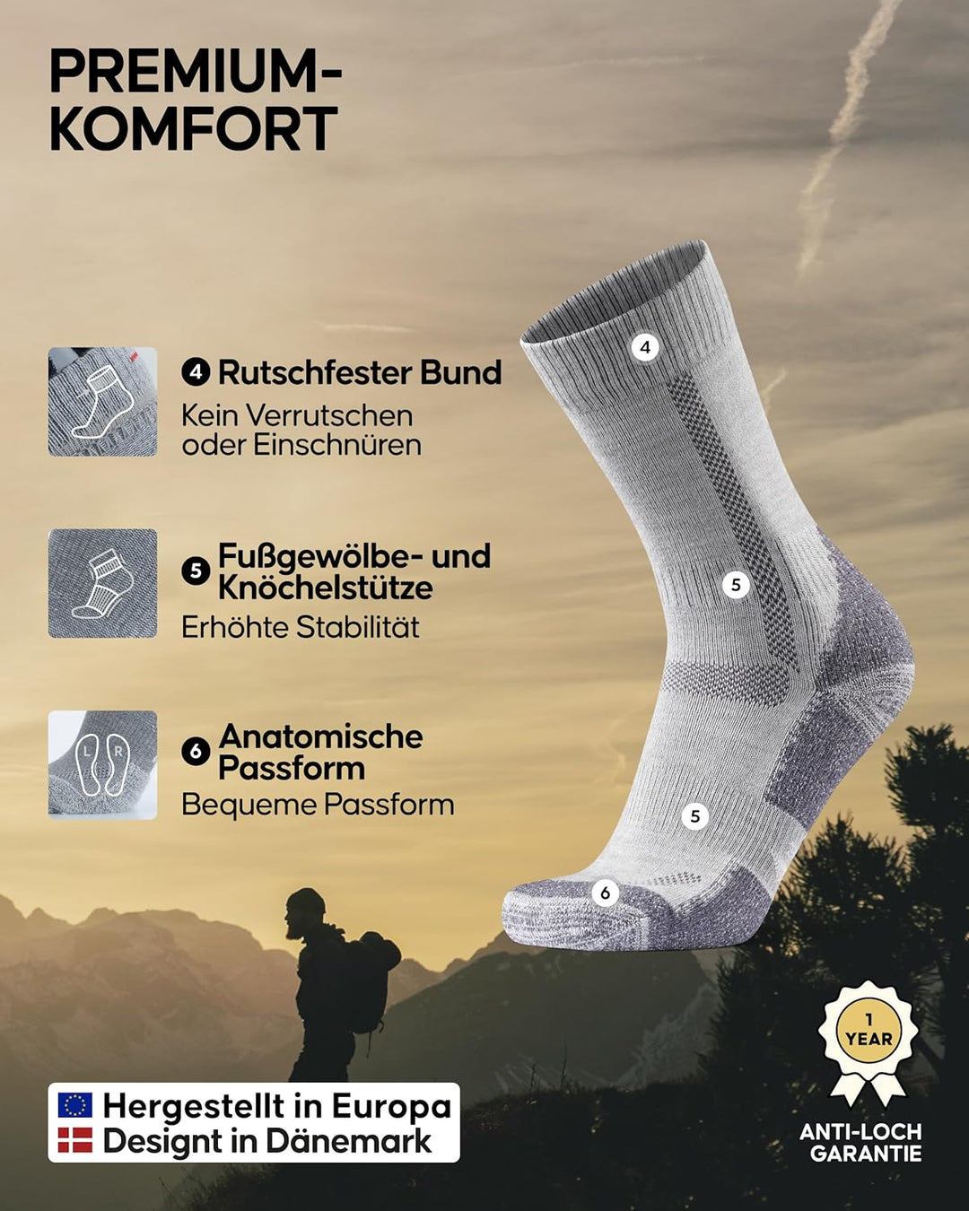 DANISH ENDURANCE Merino Wandersocken, Wollsocken, Merino Socken, Trekkingsocken, Atmungsaktiv & Star