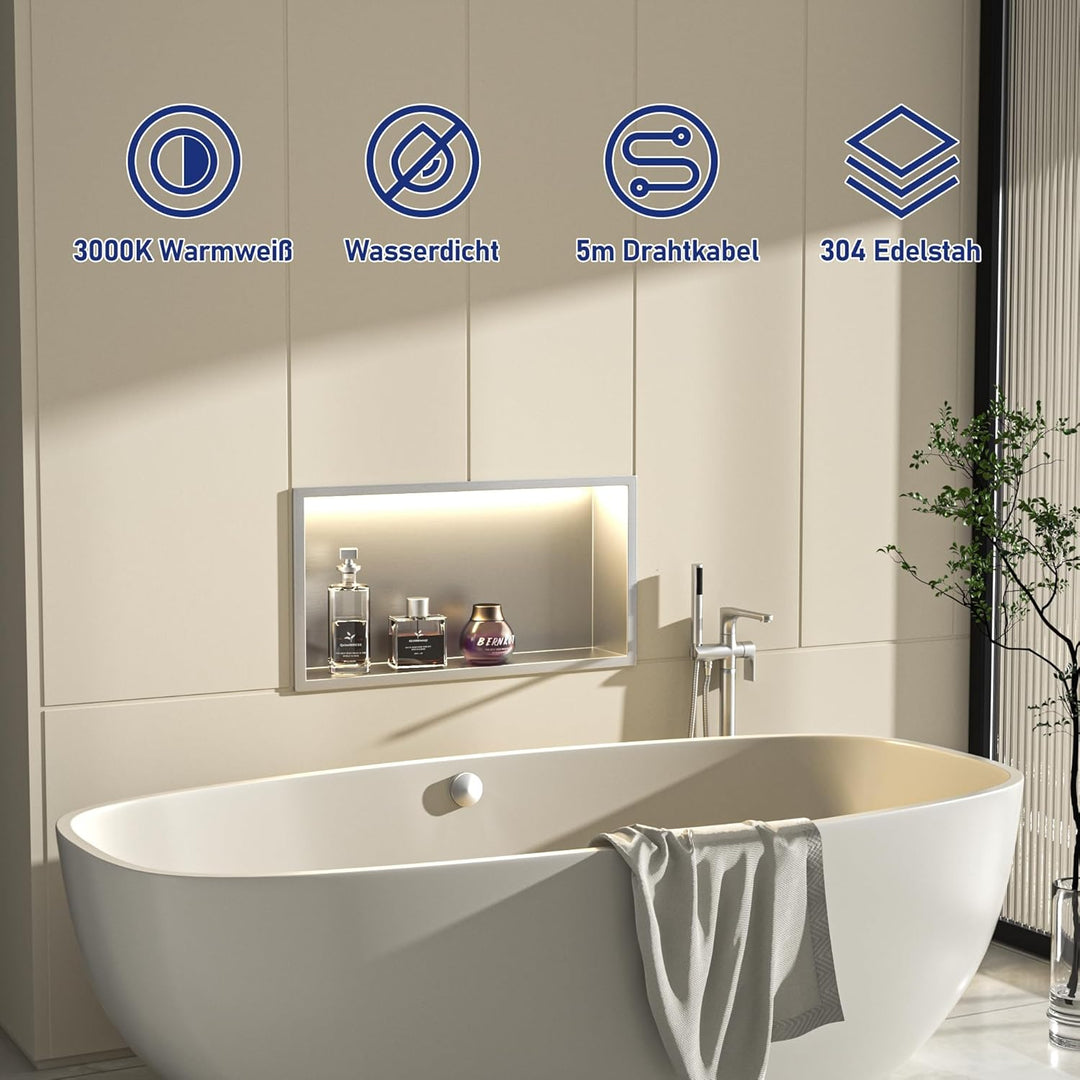Edelstahl Duschnische 600mm X 300mm Gebürstet mit LED-Licht Wasserdicht Keine Fliesen Benötigte Wand