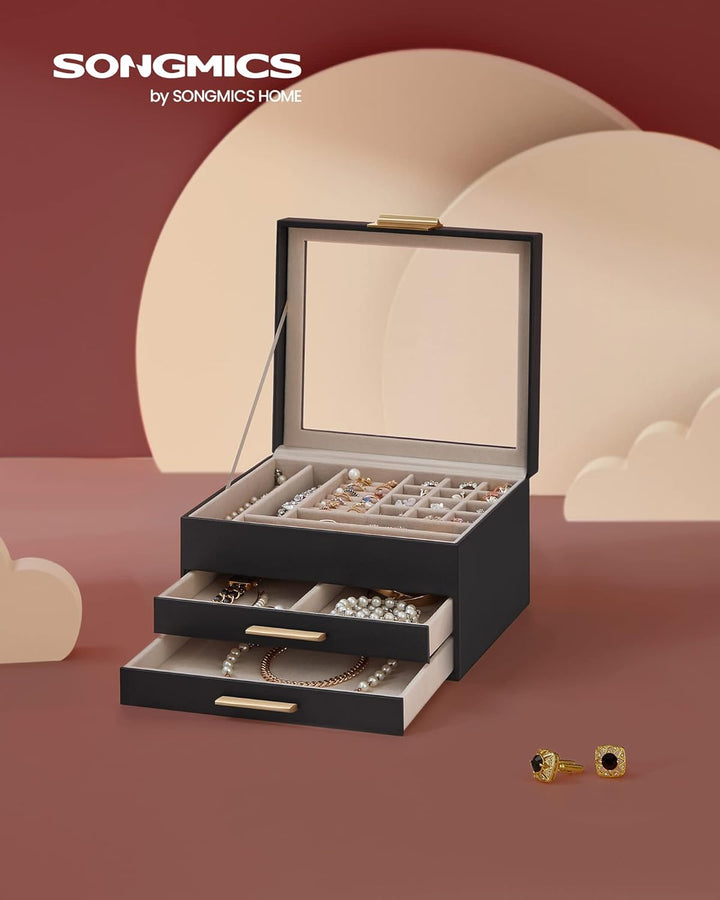 SONGMICS Schmuckkästchen, Schmuckkasten 3 Ebenen, Schmuckbox mit Glasdeckel, 2 Schubladen, Schmuckau