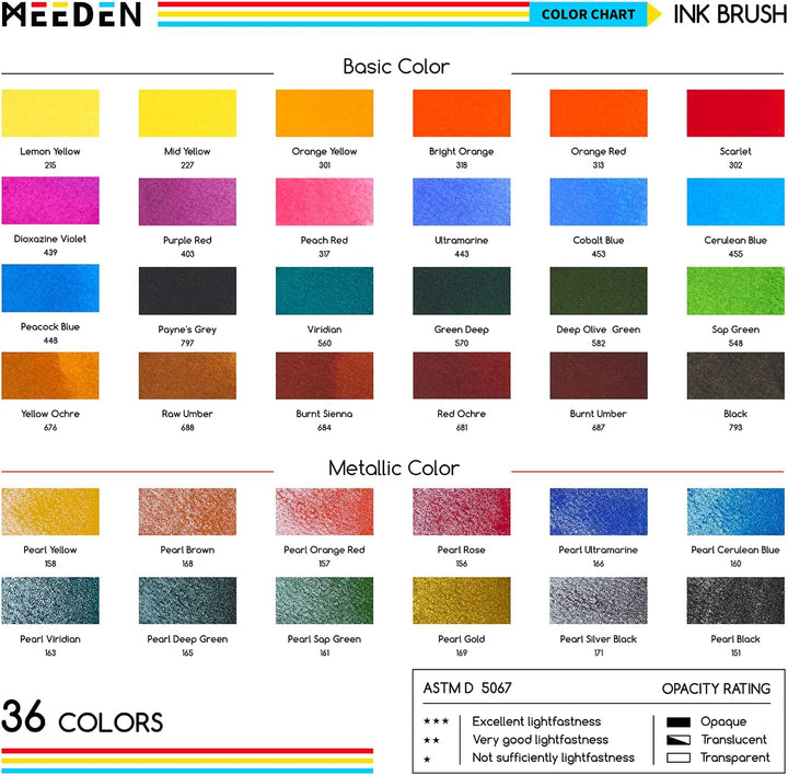 MEEDEN Dye Aquarellpinsel Set mit Tinte: 36 farbstoffbasierte Tinte im Pinselstift mit 24 Grundfarbe