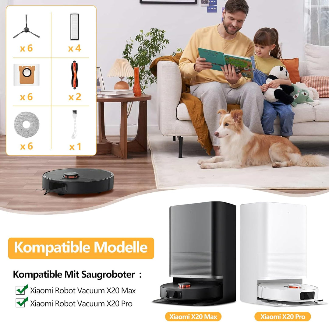 25 Stück Zubehör für Xiaomi X20 Max / X20 Pro Saugroboter, 6 Staubbeutel 6 Wischpad 2 Hauptbürste 6