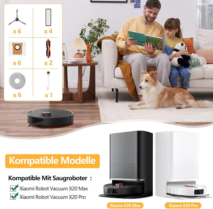25 Stück Zubehör für Xiaomi X20 Max / X20 Pro Saugroboter, 6 Staubbeutel 6 Wischpad 2 Hauptbürste 6
