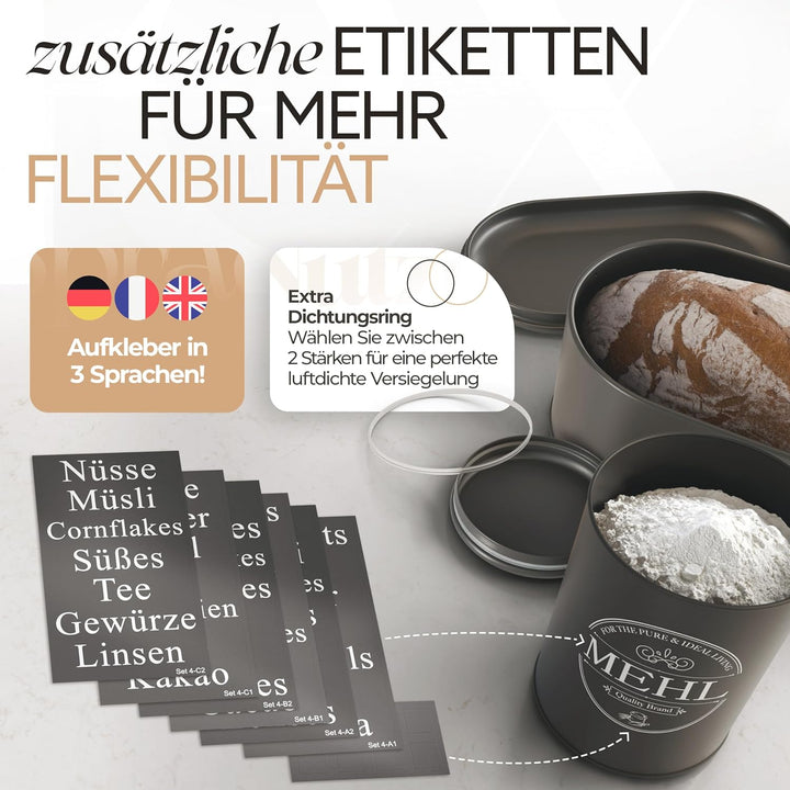 IDEALTASTIC® Premium Brotkasten 4er Set, Zuckerdose, Mehl Aufbewahrung & Kaffeedose luftdicht, Brotb