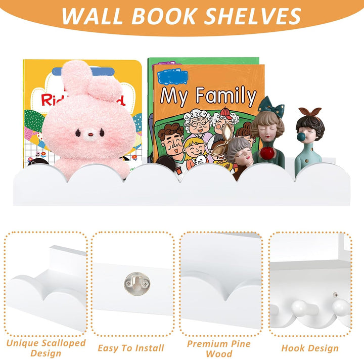 Rainmae Wandregal Kinderzimmermit Holzhaken,Bücherregal Kinder, 40cm 3er-Set, Regal Kinderzimmer ide