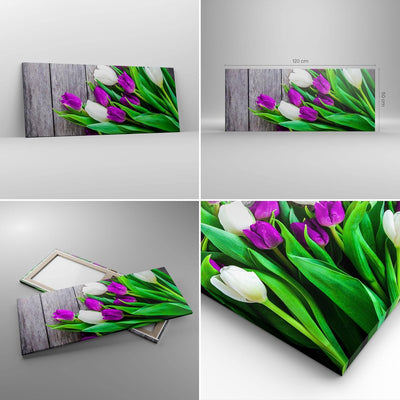 Wandbilder Dekoration Wohnzimmer Tulpen Holz Blumenstrauss Blumen Panorama Bilder auf Leinwand 120x5