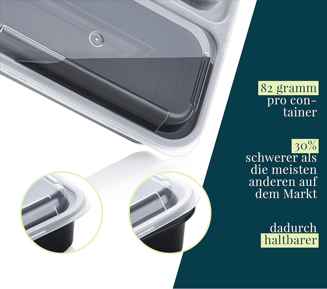 FITPREP 3 Fach Meal Prep Boxen im praktischen10er Pack - Mikrowellen &amp; Spülmaschinenfest, Mehrweg, L
