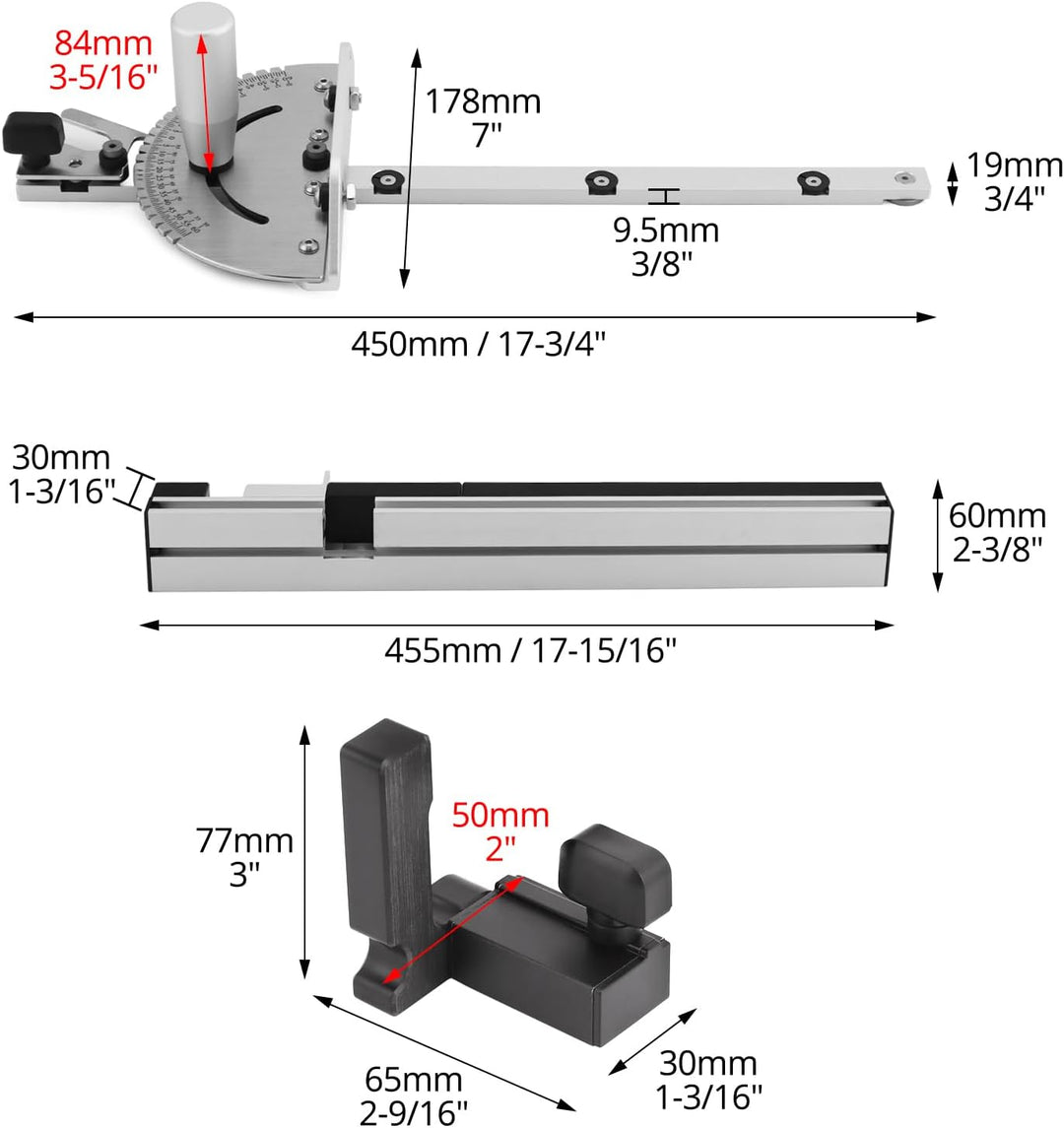 QWORK® Gehrungslehre Winkelanschlag für Tischkreissäge, 0-60 Grad, Aluminiumlegierung, Flip-Stop, 45