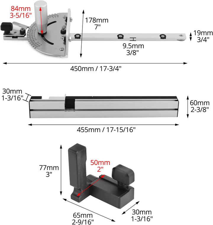 QWORK® Gehrungslehre Winkelanschlag für Tischkreissäge, 0-60 Grad, Aluminiumlegierung, Flip-Stop, 45