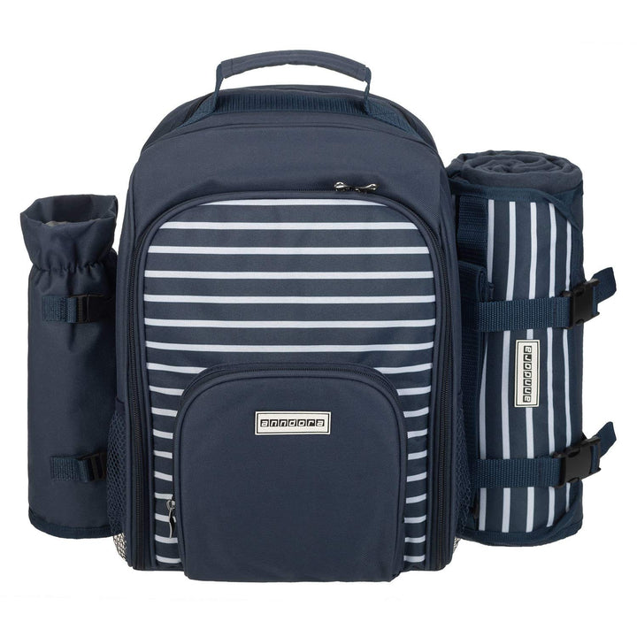 anndora Picknickrucksack 15 TLG. Zubehör + Picknickdecke blau-weiss gestreift Navy Blau Weiss Set