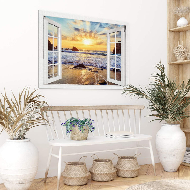 PICANOVA – Bild auf Leinwand Felsiger Strand Sonnenuntergang Fenster 100x75cm – Leinwandbild – Premi