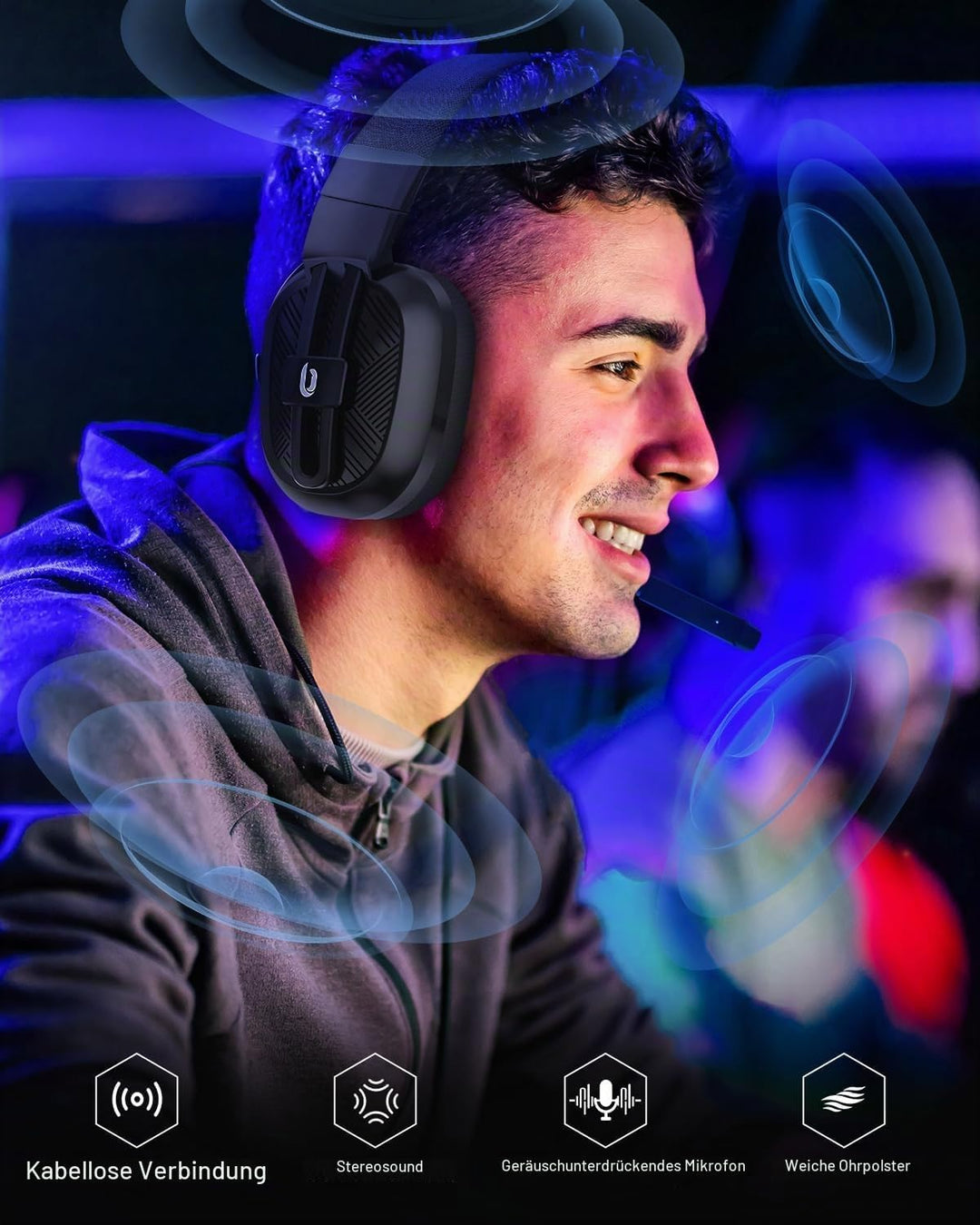 Gaming Headset, Wireless Headset für PC, PS5, PS4, Mac, 2,4 GHz/BT Headset PS5 mit Mikrofon Geräusch