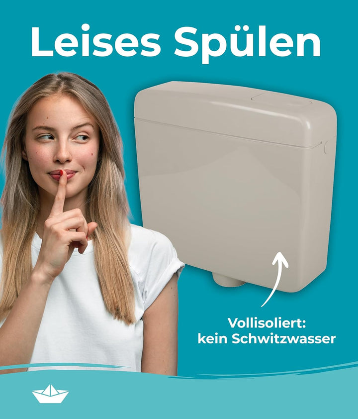 Calmwaters® Spülkasten Grau mit Spül-Stopp-Funktion, 6-9 Liter Spülmenge, Aufputzspülkasten WC schma