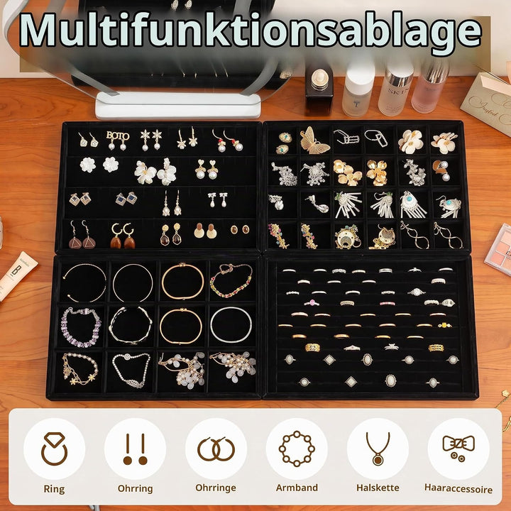 Frebeauty Stapelbare Samt-Schmuck-Organizer-Ablagen für Schubladen Einsätze Schmuckaufbewahrung Vitr