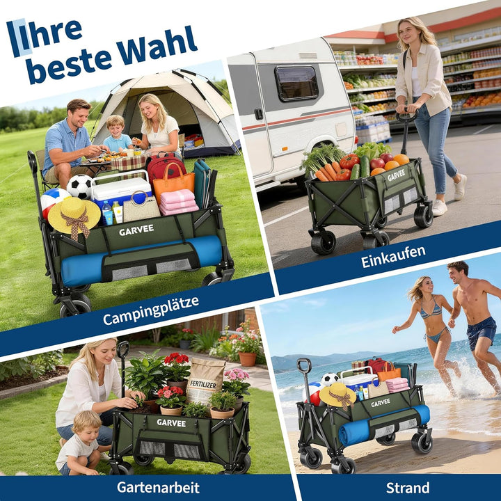 GarveeLife XXL Bollerwagen Faltbar, 200kg Belastbar &amp; 200L Volumen, Handwagen mit Bremsen &amp; 20cm Off