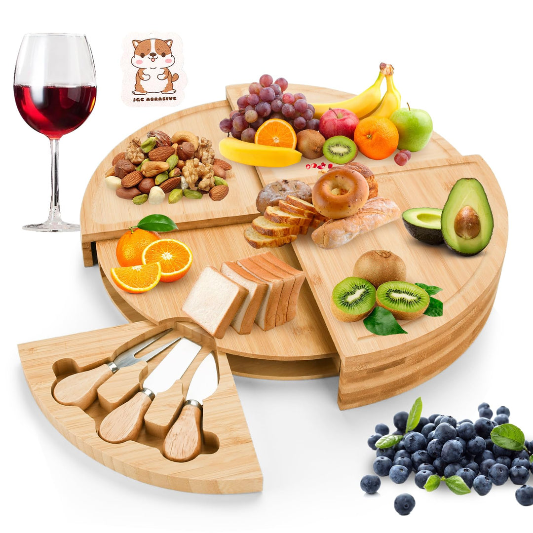 Bambus Käsebrett mit Käsemesser Set,Bambus Servierplatten,Käseplatte Charcuterie,Charcuterie Boards