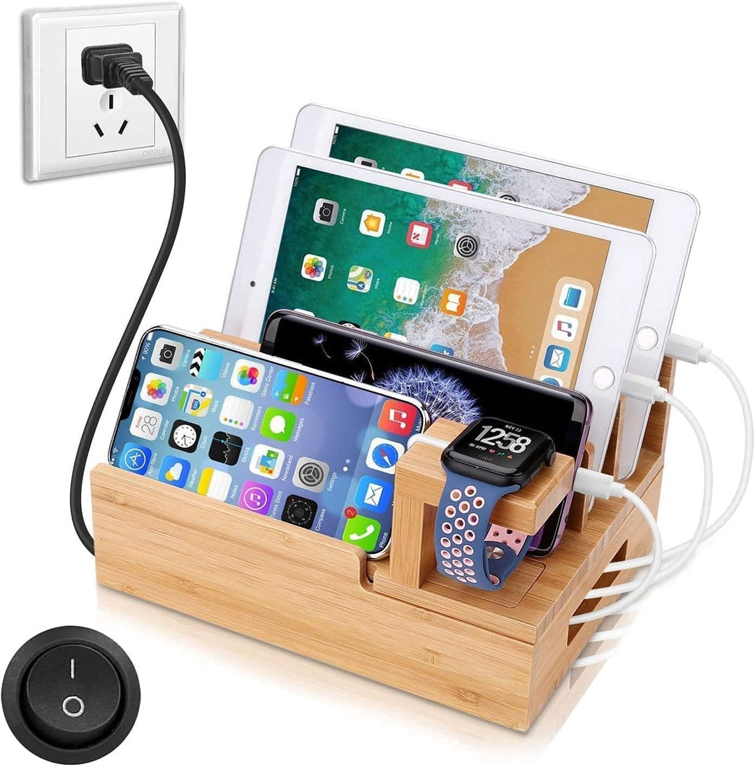 Handy Ladestation USB Ladegerät mehrfach Ladestation für mehrere Geräte Smartphone aus Bambus 5-Port