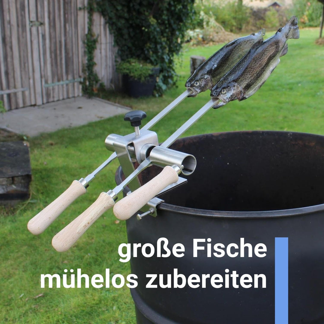 Premium Steckerlfisch Halter für Feuerschale - Platz für 2 Fische - Fisch Grill Aufsatz passt auf je