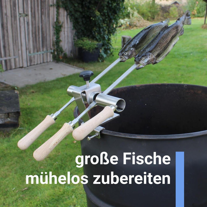 Premium Steckerlfisch Halter für Feuerschale - Platz für 2 Fische - Fisch Grill Aufsatz passt auf je