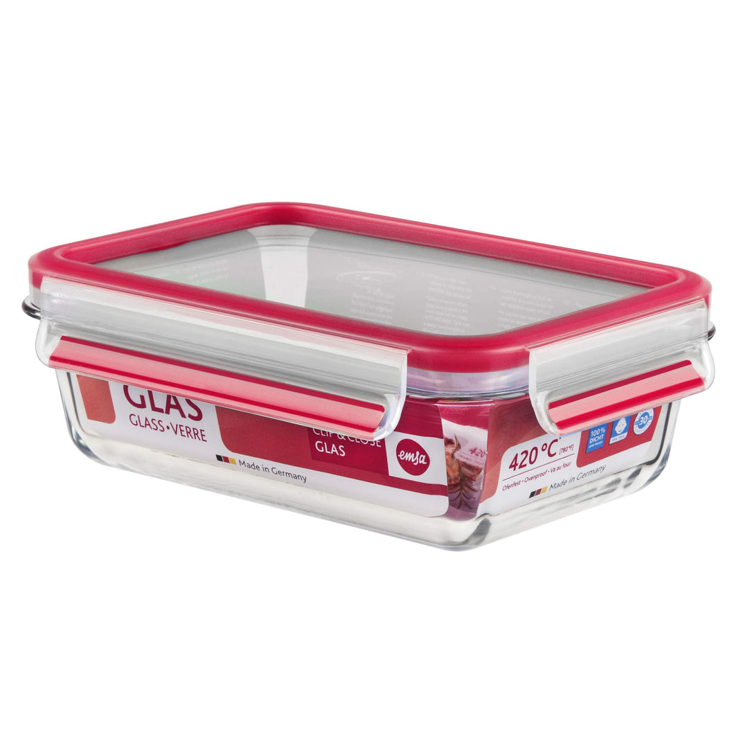 Emsa 516244 Clip & Close Glas Frischhaltedose | 0,7 L | Rechteckig | 100% Dicht | Geeigent für Backo