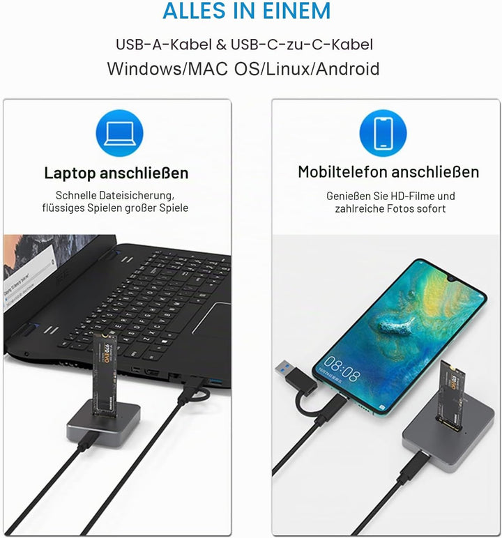 Zoravson M.2 NVME und SATA SSD Adapter USB 3.1 Gen 2 10Gbps Adapter und Gehäuse für externe Festplat