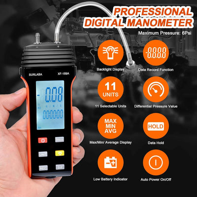 SURLABA Digitales Manometer, Differenzdruckmessgerät Messbereich 6PSI, Gasdruckmessgerät mit 11 Einh