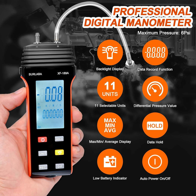 SURLABA Digitales Manometer, Differenzdruckmessgerät Messbereich 6PSI, Gasdruckmessgerät mit 11 Einh